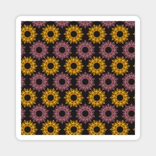 geometric mandala pattern gold and rose pink on black background Magnet