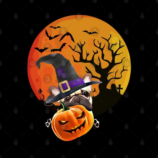 French bulldog, witch hat, scary halloween, jack pumpkin, spooky moon by Collagedream