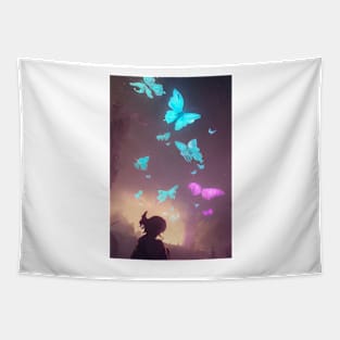 Cute Anime Girl Butterflies Lights Forest Landscape Tapestry