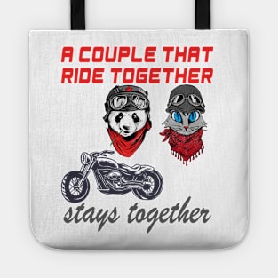 Cute Panda and cat couple that rides together stays together Tote