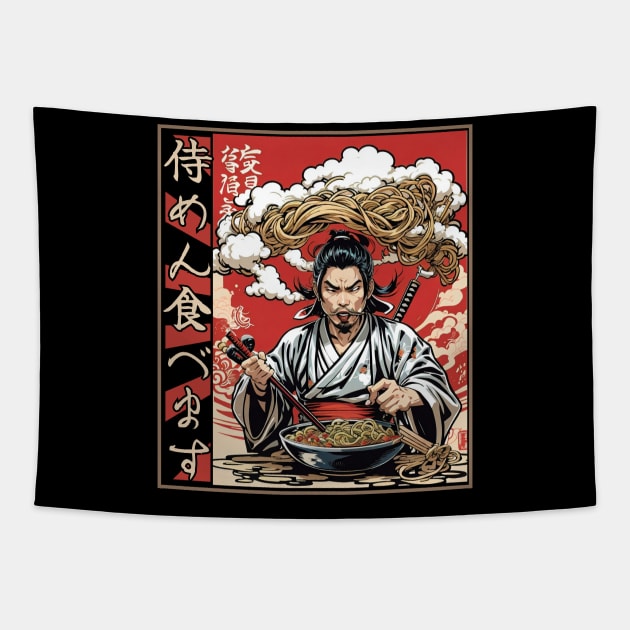 The Samurai eats Noodles Design. Tapestry by Imaginator Studio