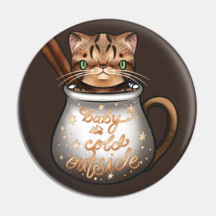 “Baby it’s cold outside” Cinnamon the tabby cat in a teacup for Christmas Pin