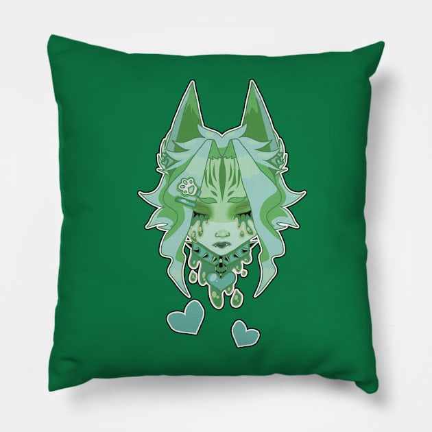 Drippy Green Neko Pillow by Grimslynne