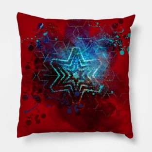 Blue star on blood red mandala Pillow