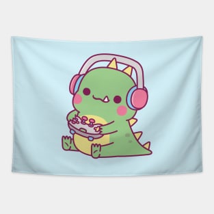 Cute Little Dinosaur Playing Video Games Tapestry