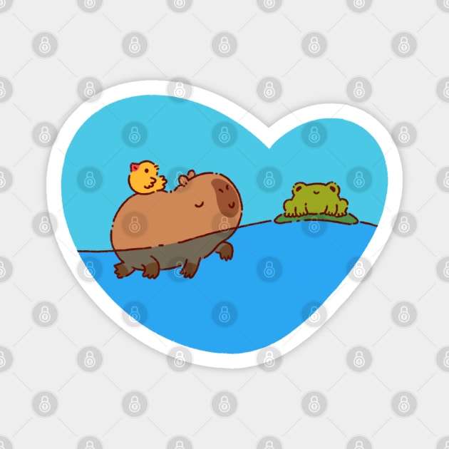 Capybara swimming with a bird and a frog Magnet by Tinyarts