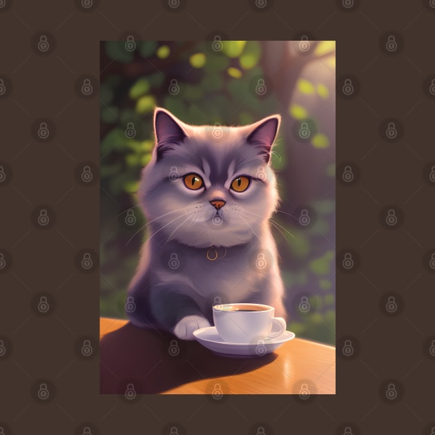 Cute Persian Exotic Shorthair Cat with a mug cup of morning coffee by akwl.design