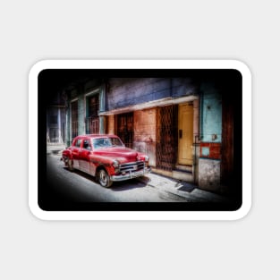 Red Car In Old Havana, Cuba, Oil Painting Magnet