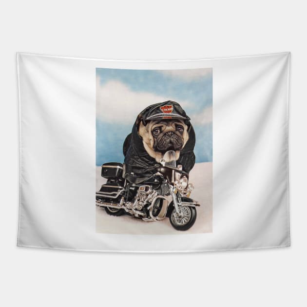 Pug Dog Biker Motorcycle Tapestry by candiscamera