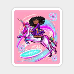 Curly hair Princess on a unicorn pony - black girl with curly afro hair on a horse. Black princess Magnet