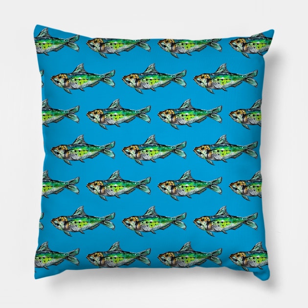 Green Sardines on Blue Pattern Pillow by ZeichenbloQ