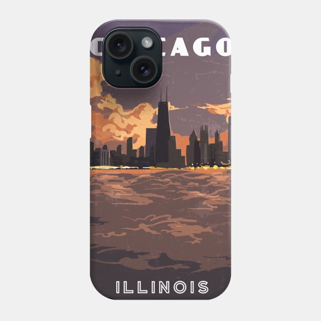 Chicago, Illinois, USA. Sunset.Retro travel poster Phone Case by GreekTavern