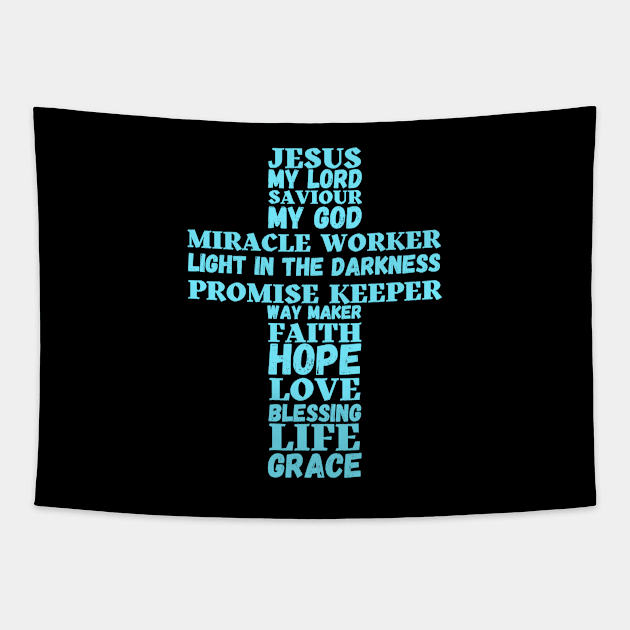 Words about Jesus forming the shape of a cross - turquoise Tapestry by Blue Butterfly Designs 