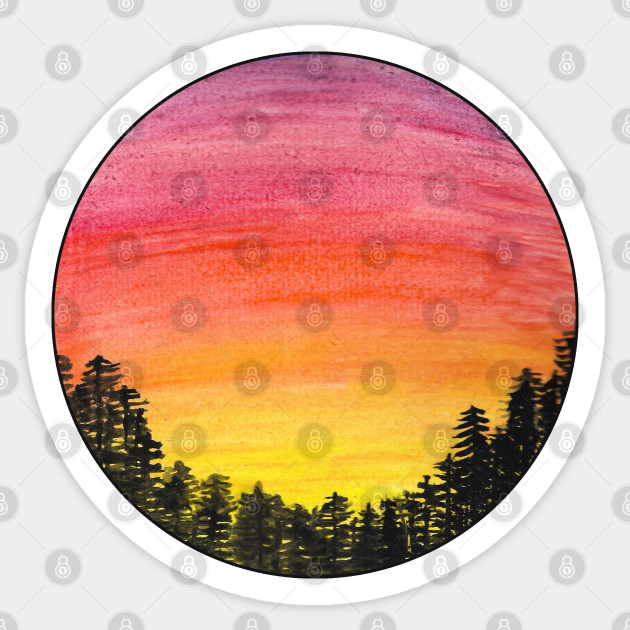 Watercolor Sunset Forest Scene Watercolor Painting Sticker