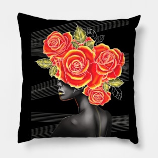 Black and white girl with color beautiful flowers in her head. Pillow