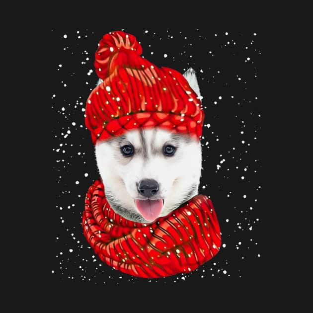 Husky Wearing Red Hat And Scarf In Snow Christmas by Vintage White Rose Bouquets