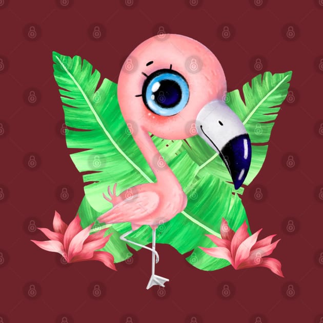 Cute flamingo stands on one leg with tropical leaves by Abderrahmaneelh