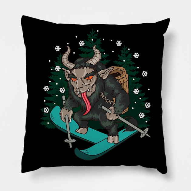 Krampus Skiing Christmas Pillow by E