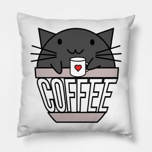 Happy cat in coffee cup holding a cup with warped text black Pillow