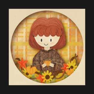 Fall Coffee girl paper cut art T-Shirt