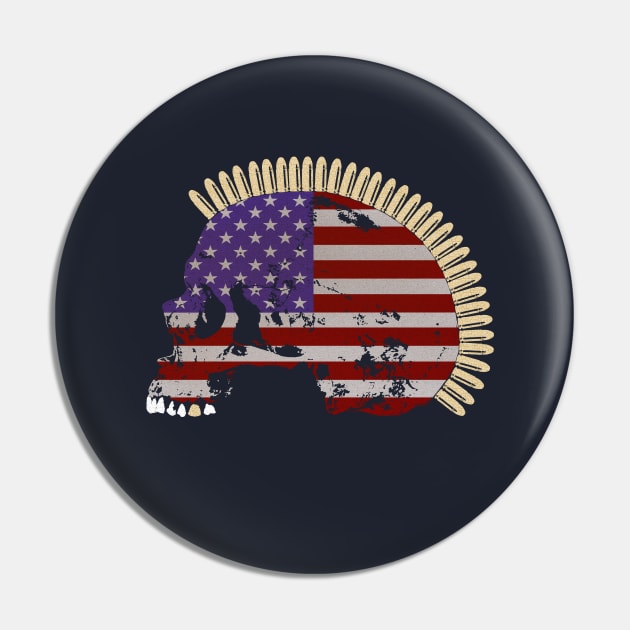 Skull with Mohawk of Bullets in Vintage American Flag Pattern Pin by RawSunArt