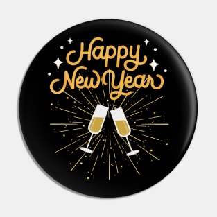 Happy New Year Celebration Cheers Wine Glasses Design Pin