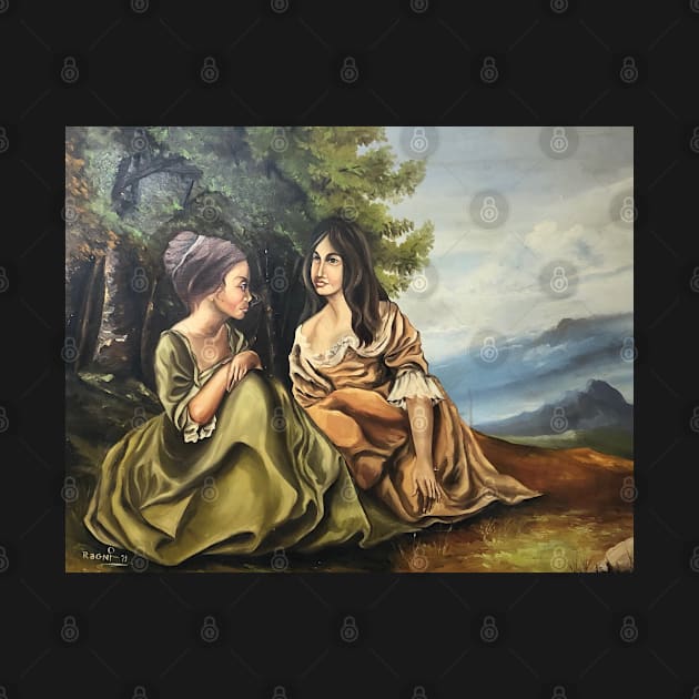 2 Women Sitting CountrySide Painting by my Father by CocoBayWinning 