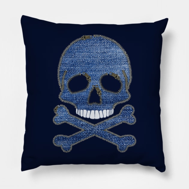 Denim Zipper Skull and Crossbones Pillow by Nuletto