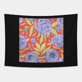 Purple peonies on orange Tapestry