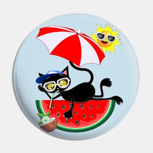 Cat Cartoon and Juicy Watermelon Summertime Chill Humorous Character Pin