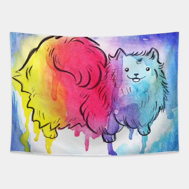 Rainbow Watercolor Pomeranian Tapestry by saradaboru