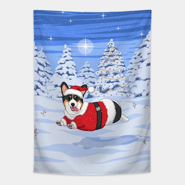 Cute Tricolor Corgi in Santa Christmas Costume Tapestry by csforest