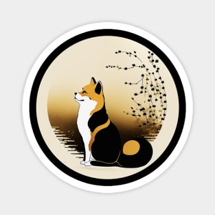 Shiba Inu Dog, Japanese Art, Full moon Magnet