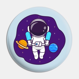 Cute Astronaut Floating In Space With Popsicle Ice Cream Cartoon Pin