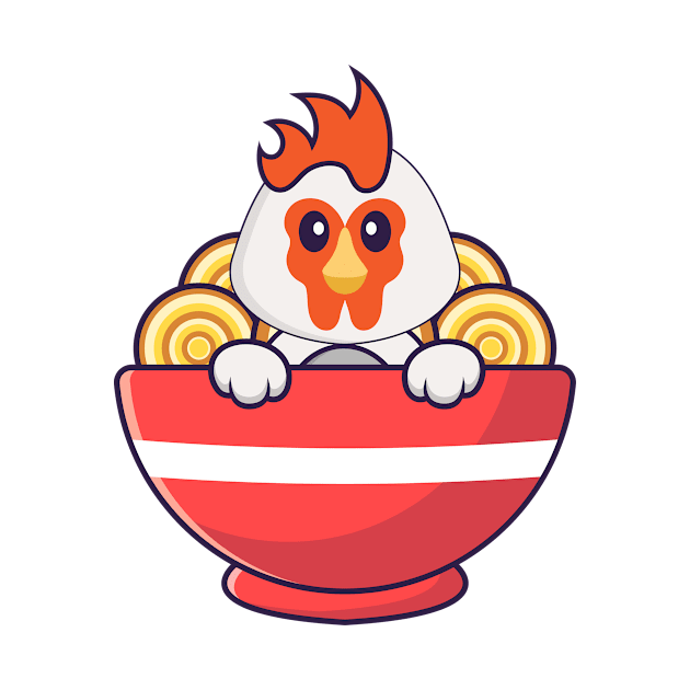 Cute chicken eating ramen noodles. by kolega