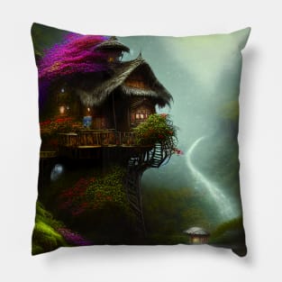 Sparkling Fantasy Cottage with Lights and Glitter Background in Forest, Scenery Nature Pillow