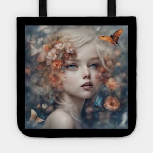 Enigmatic Woman with Intricate Hairstyle Gazing Directly Tote