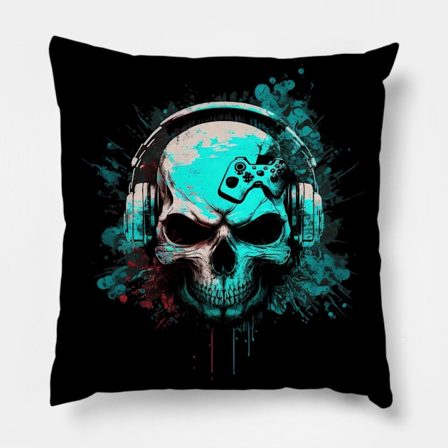 Hardcore Gamer Skull Pillow by i2studio