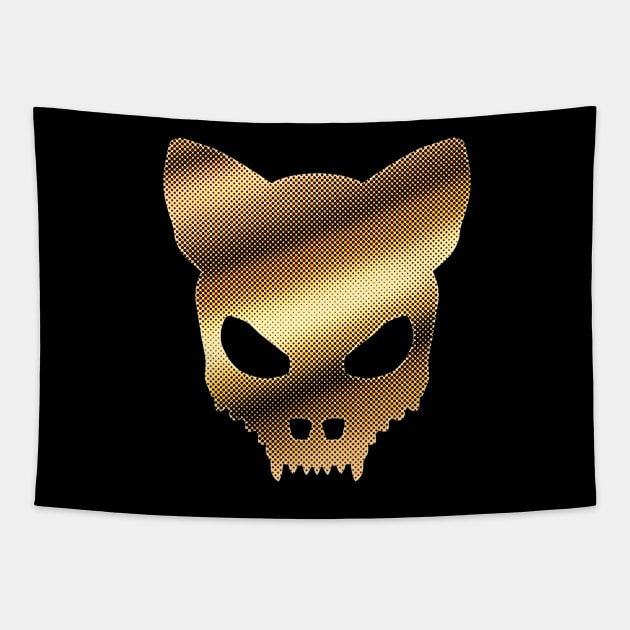 Devil Cat-Skull In Faux Gold Halftones Tapestry by sleepingdogprod