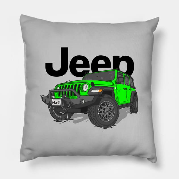 Green Jeep Wrangler Rubicon Pillow by 4x4 Sketch