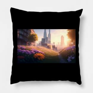 City street with beautiful flowers Pillow