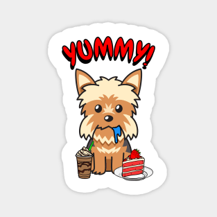 Cute yorkie dog is having coffee and cake Magnet