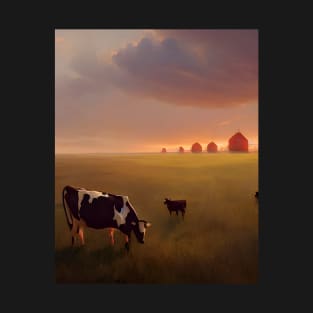 Mother and Baby Cow on Farmstead at Sunset T-Shirt