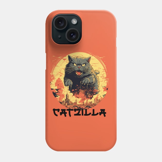 Catzilla Vintage Funny Cute Cat Art Japanese Sunset Phone Case by Happy Lime