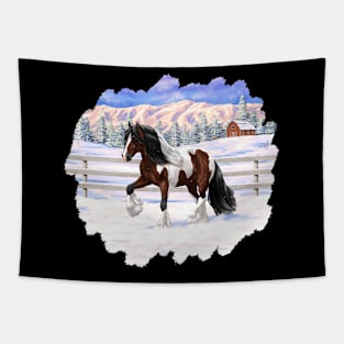 Bay Brown Pinto Skewbald Gypsy Vanner Draft Horse Trotting in Snow Tapestry