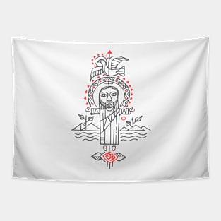 Jesus Christ with open arms and symbols illustration Tapestry