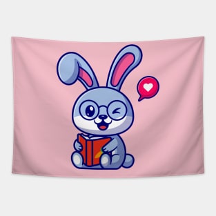 Cute Rabbit With Book Cartoon Tapestry