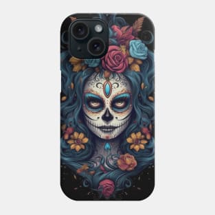 Female Sugar Skull with Flowers on a Black Background Phone Case