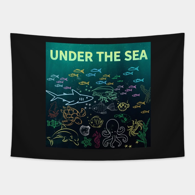 under the sea,blue sea,sea creatures,Turtle, puffer fish, starfish, shrimp, shark, tropical fish, sea horse, seaweed, sardines, squid, crabs, clams Tapestry by zzzozzo