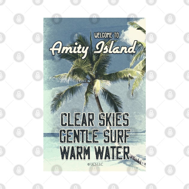 JAWS Amity Island Vintage 1975 Style Movie Poster Clear Skies Gentle Surf Warm Water by Naumovski